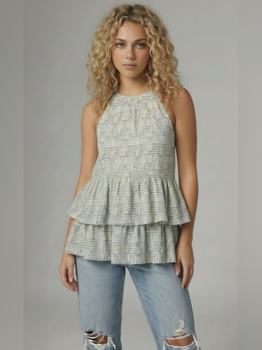 Light Blue Printed Mesh Tiered Top by Rose+Olive